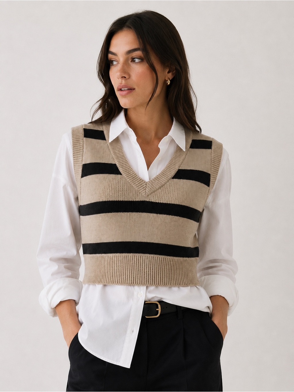 Cropped Striped V-Neck Sweater/Vest-NWOT